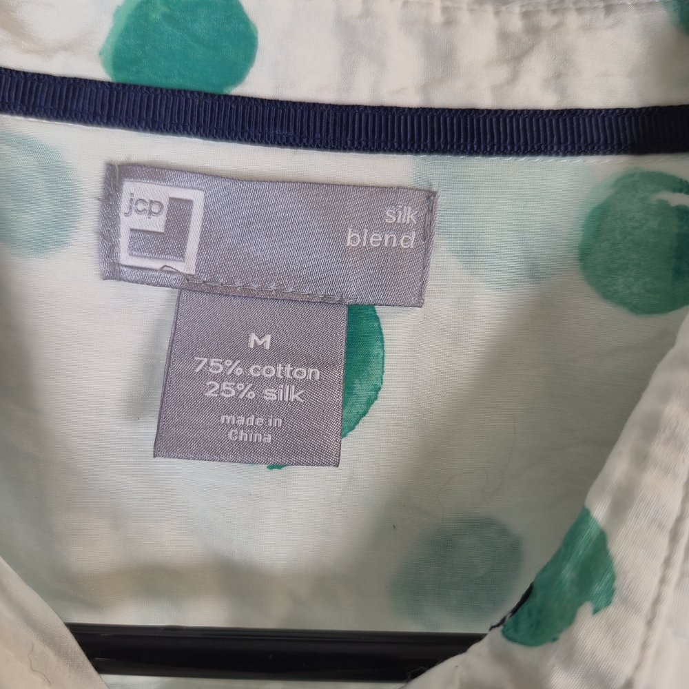 JCP Silk Blend Watercolor Polka Dot Button Down Shirt Teal White Medium - Picture 7 of 7